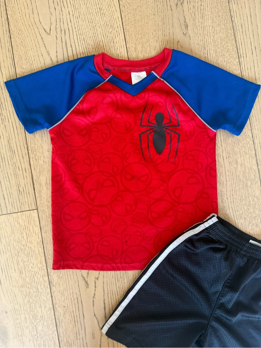 Disney Spiderman Shirt with Black Adidas classic striped Shorts